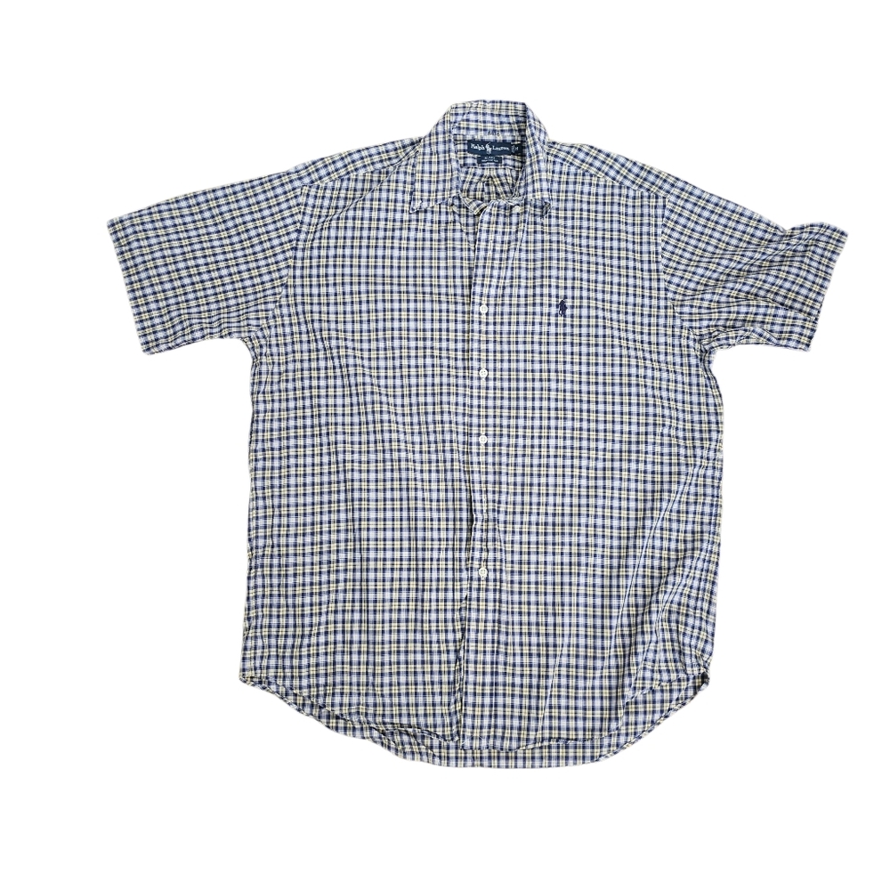 RL Ralph Lauren Blake Medium‎ Button Down Shirt Mens Short Sleeve Checkered Blue